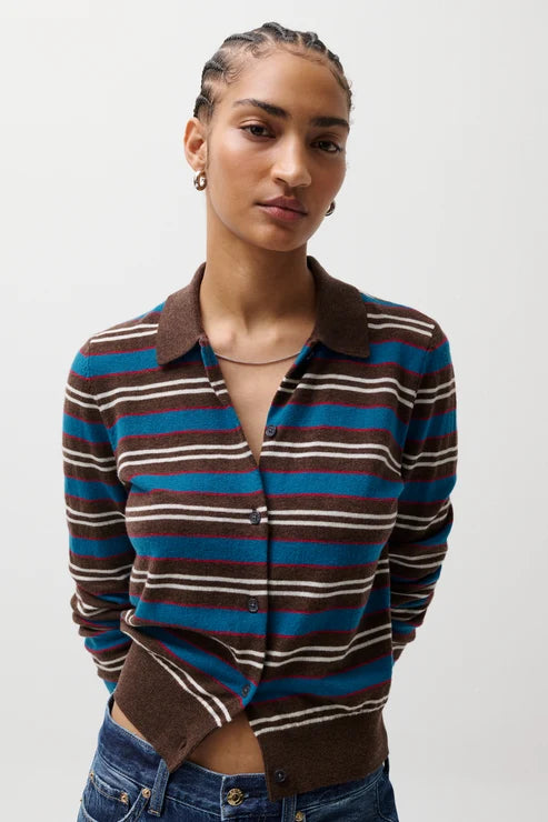 Lyvia Long Sleeve Merino Polo Cardigan in tealwood stripe by Pistola
