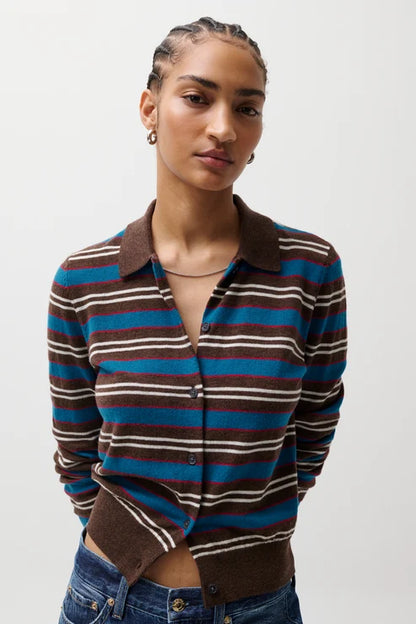 Lyvia Long Sleeve Merino Polo Cardigan in tealwood stripe by Pistola