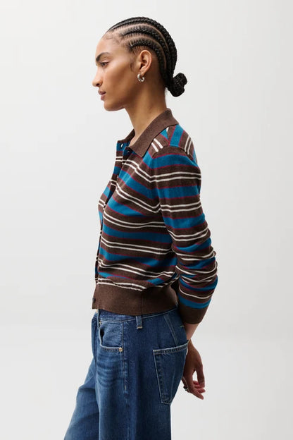 Lyvia Long Sleeve Merino Polo Cardigan in tealwood stripe by Pistola