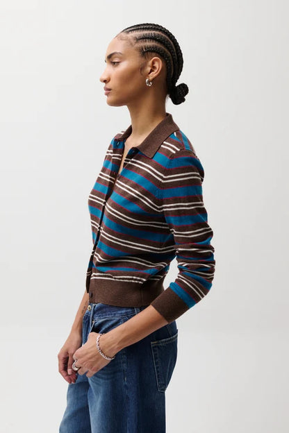 Lyvia Long Sleeve Merino Polo Cardigan in tealwood stripe by Pistola