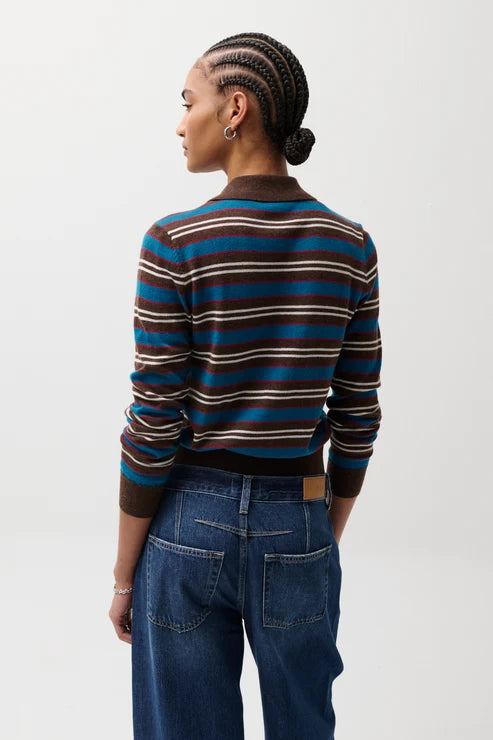 Lyvia Long Sleeve Merino Polo Cardigan in tealwood stripe by Pistola