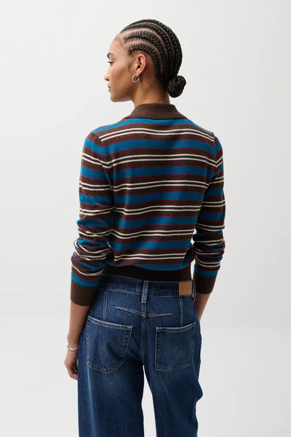 Lyvia Long Sleeve Merino Polo Cardigan in tealwood stripe by Pistola