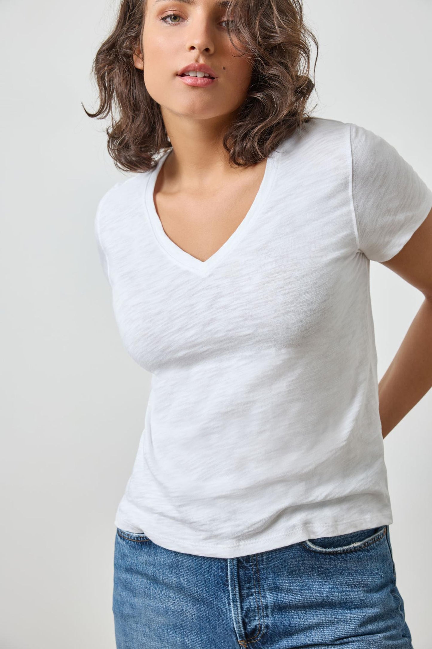 V-Neck Seam Back Tee in white by Lilla P