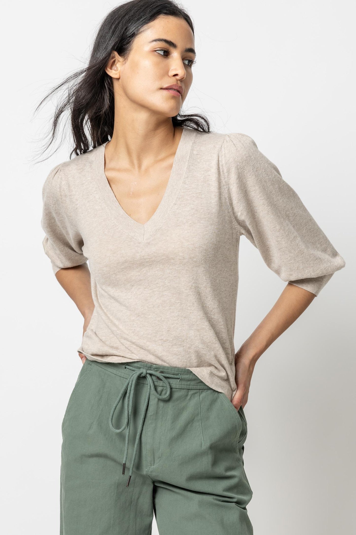 Puff Sleeve V-Neck Sweater in wheat by Lilla P