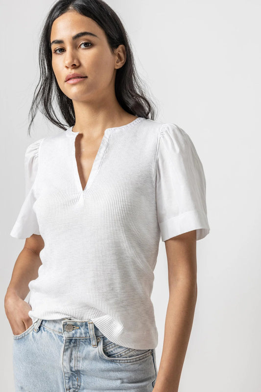 Woven Sleeve Split Neck Tee in white by Lilla P