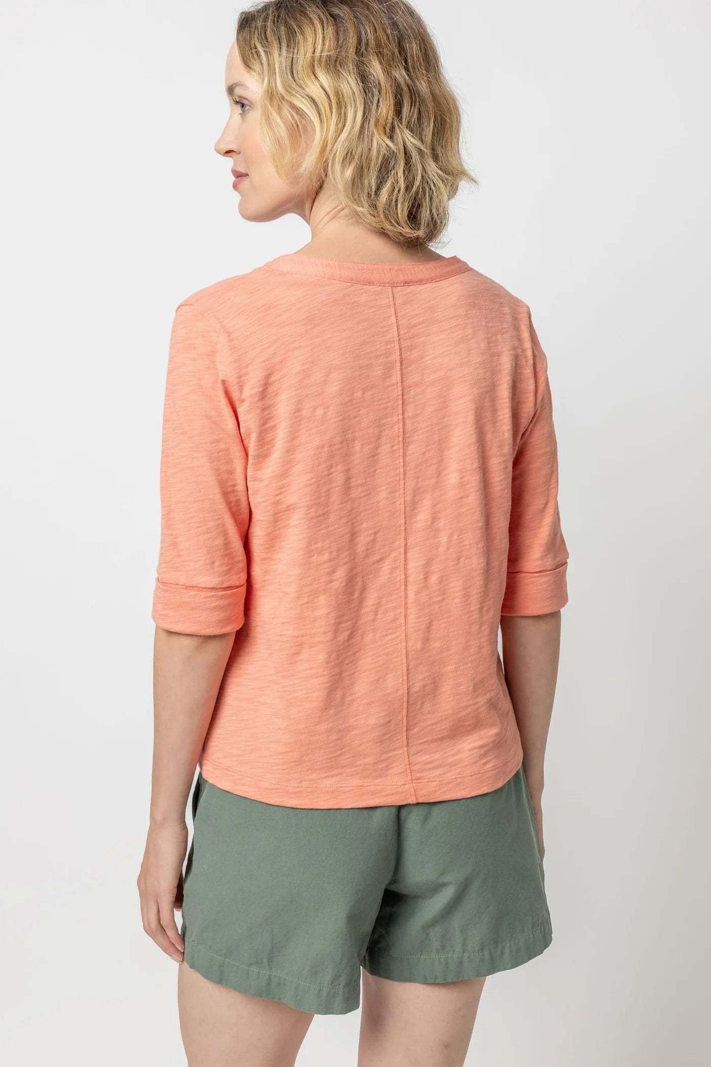 Elbow Sleeve Split Neck Tee in sunset by Lilla P