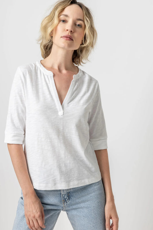 Elbow Sleeve Split Neck Tee in white by Lilla P