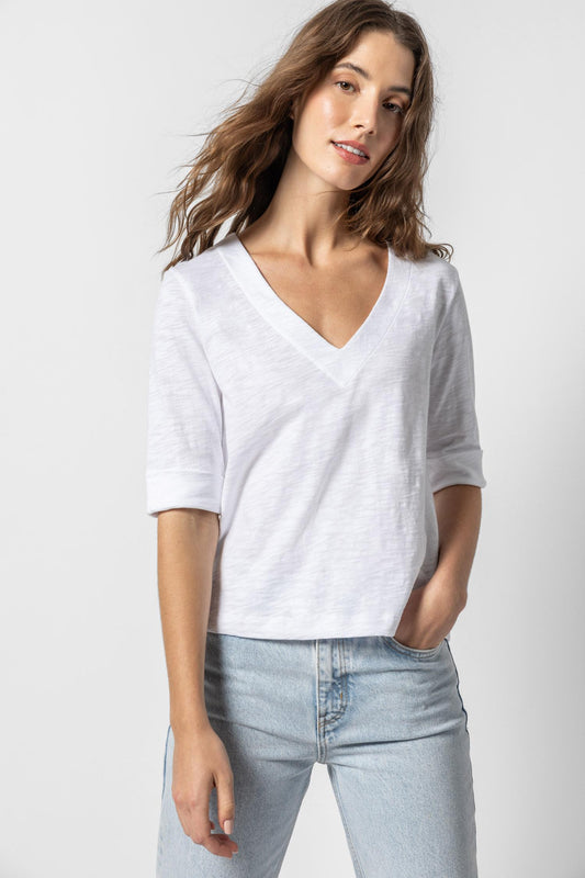 Cuffed Elbow Sleeve V-Neck Tee in white by Lilla P