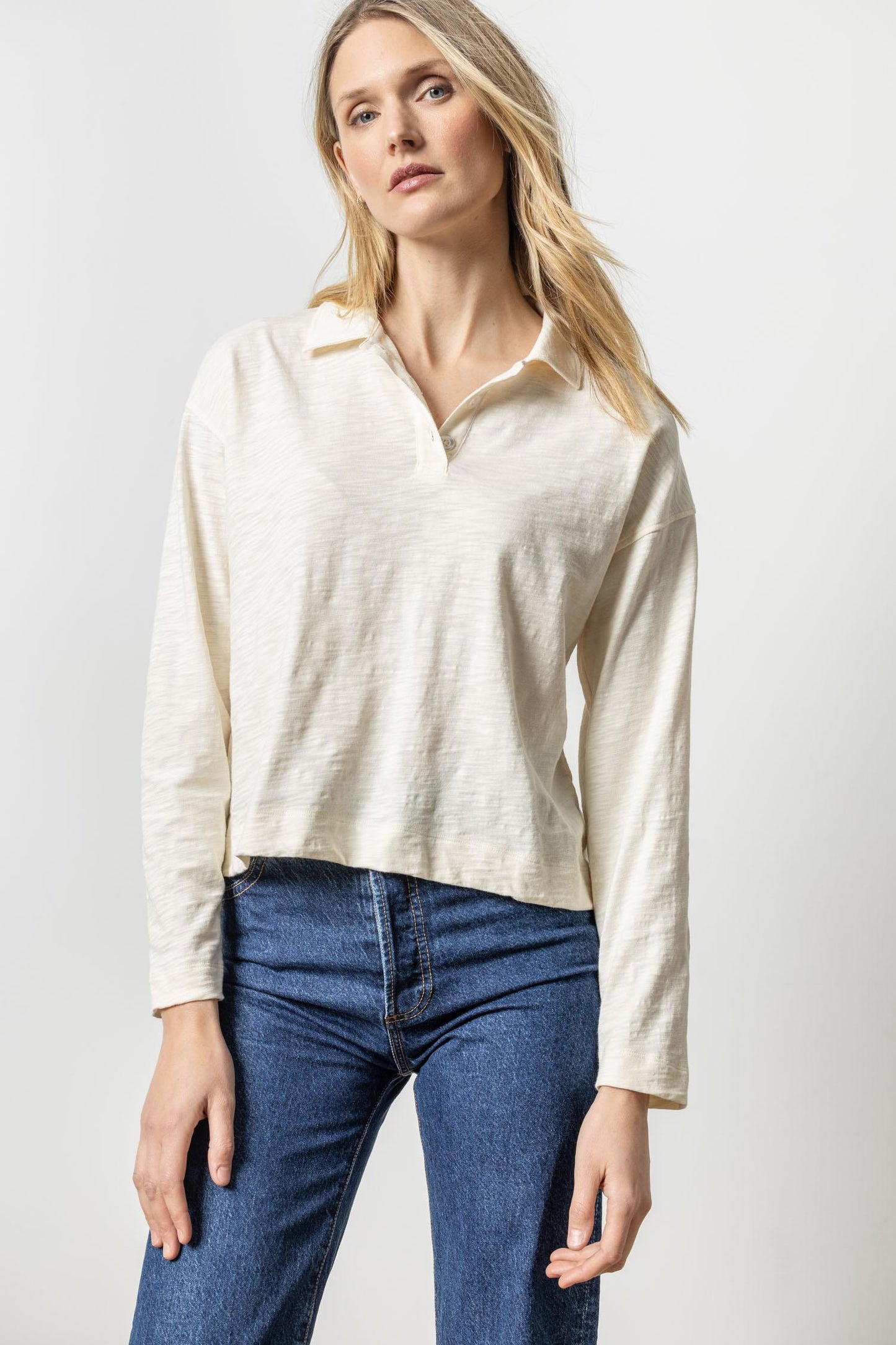 Long Sleeve Drop Shoulder Polo in talc by Lilla P