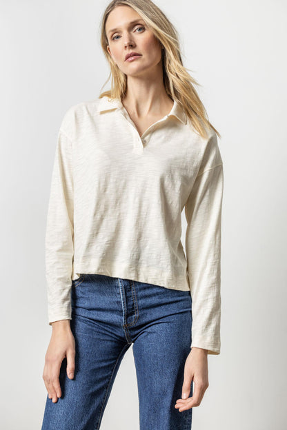 Long Sleeve Drop Shoulder Polo in talc by Lilla P