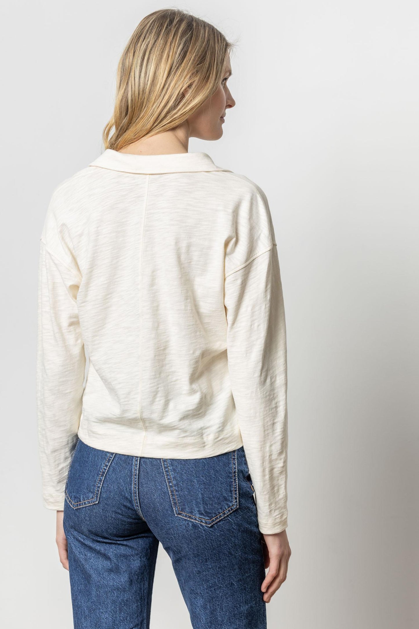 Long Sleeve Drop Shoulder Polo in talc by Lilla P