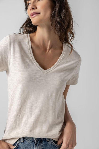 Lilla P Summer Capsule Event- Short Sleeve Back Seam V-Neck in canvas