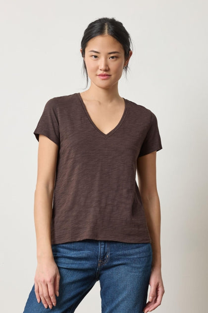 Short Sleeve Back Seam V-Neck Tee in espresso by Lilla P