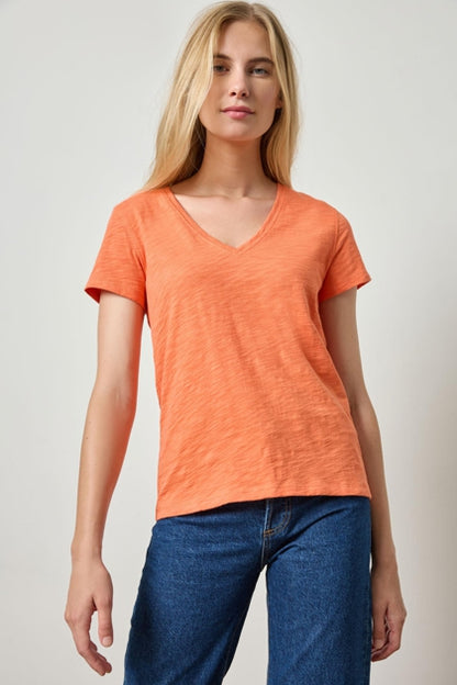 Short Sleeve Back Seam V-Neck in tangerine by Lilla P