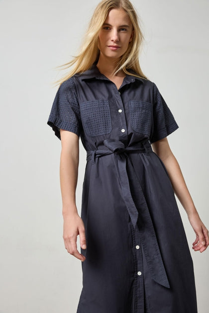 Eyelet Trim Maxi Shirt Dress in navy by Lilla P