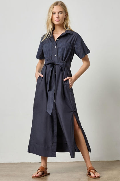 Eyelet Trim Maxi Shirt Dress in navy by Lilla P