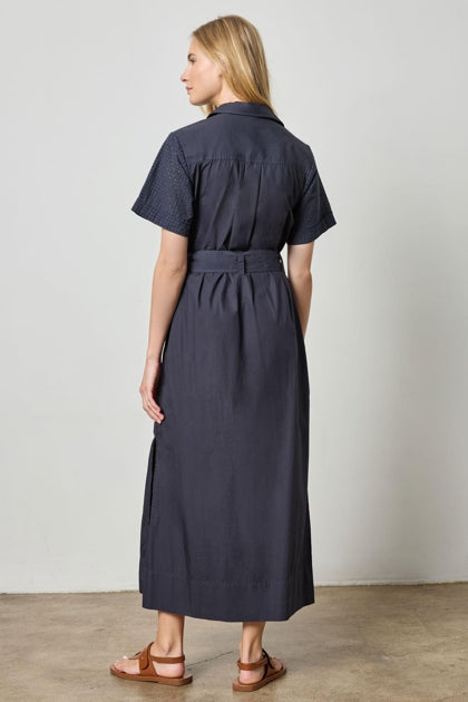 Eyelet Trim Maxi Shirt Dress in navy by Lilla P