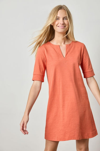 Elbow Sleeve Split Neck Dress in terracotta by Lilla P