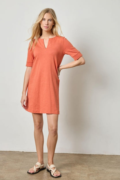 Elbow Sleeve Split Neck Dress in terracotta by Lilla P