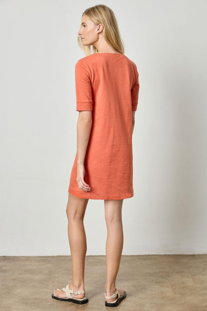 Elbow Sleeve Split Neck Dress in terracotta by Lilla P