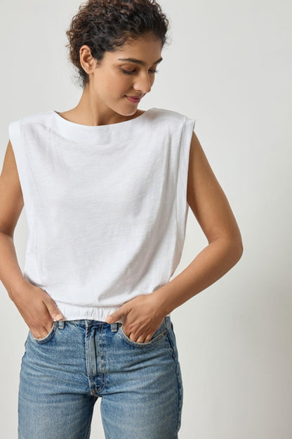 Elastic Hem Boatneck Top in white by Lilla P