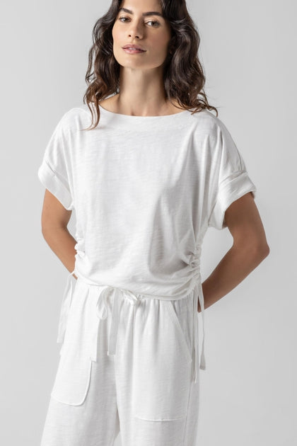Ruched Side Boatneck in white by Lilla P
