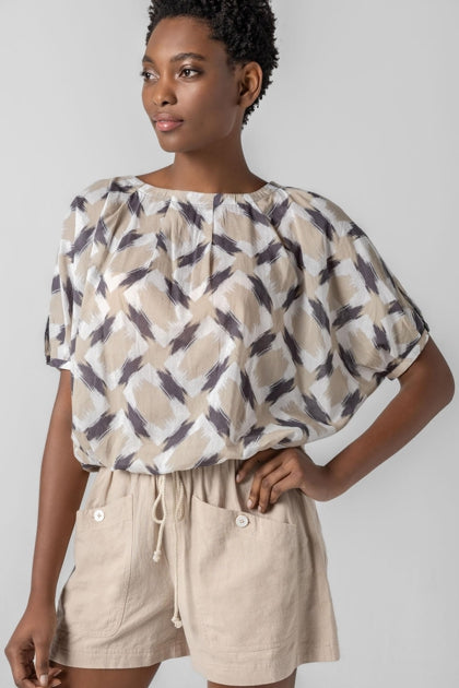 Lilla P Summer Capsule Event- Short Sleeve Tie Waist Top in neutral ikat