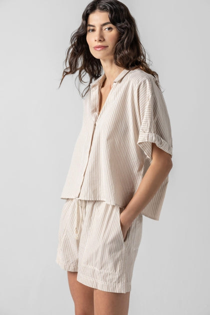Striped Boxy Button Down in flax stripe by Lilla P