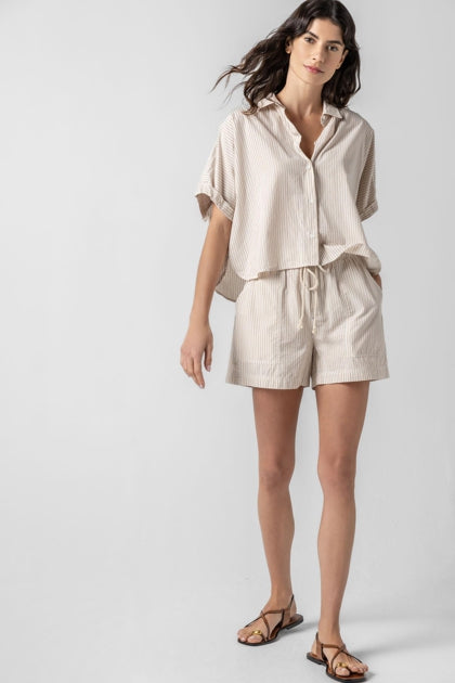 Striped Boxy Button Down in flax stripe by Lilla P