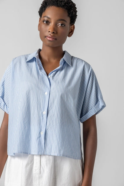 Lilla P Summer Capsule Event- Striped Boxy Button Down Top in malibu stripe