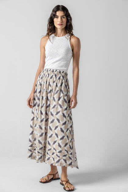 Lilla P Summer Capsule Event- Shirred Elastic Waist Skirt in neutral ikat