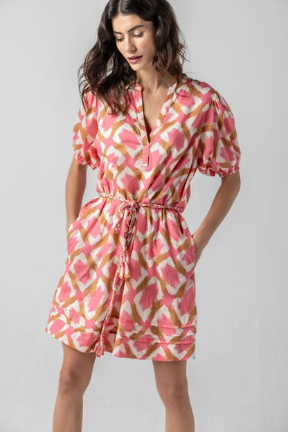 Lilla P Summer Capsule Event- Shirred Elbow Sleeve Dress in punch ikat print