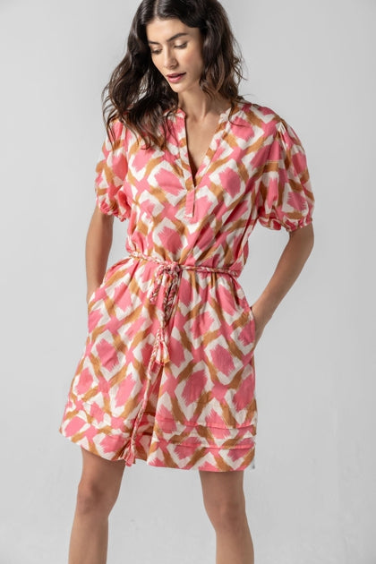 Lilla P Summer Capsule Event- Shirred Elbow Sleeve Dress in punch ikat print