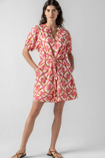 Lilla P Summer Capsule Event- Shirred Elbow Sleeve Dress in punch ikat print