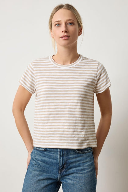 Striped Cap Sleeve Crewneck in flax stripe by Lilla P
