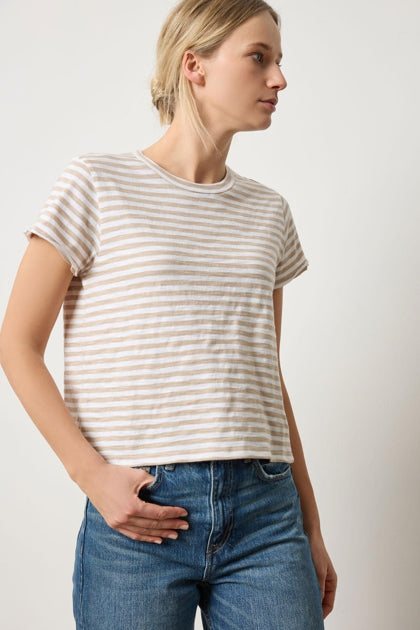 Striped Cap Sleeve Crewneck in flax stripe by Lilla P