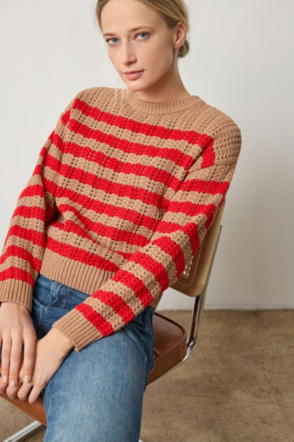 Stripe Stitch Sweater in acorn/scarlet by Lilla P