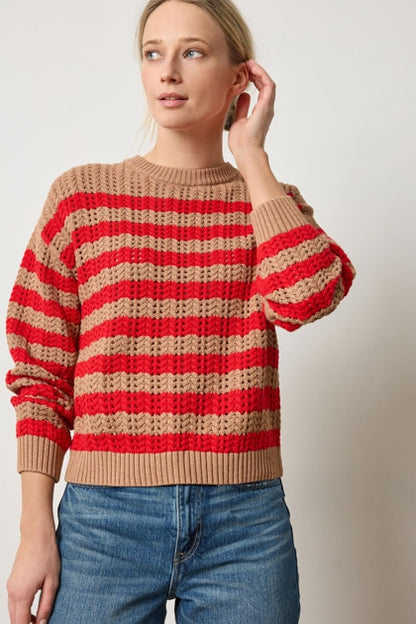 Stripe Stitch Sweater in acorn/scarlet by Lilla P