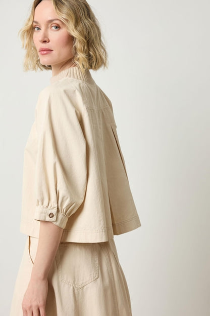 Knit Collar Twill Top in eggshell by Lilla P