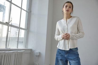 Mandarin Collar Button Down in talc by Lilla P