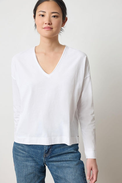 Long Sleeve Cut Edge V-Neck Tee in white by Lilla P