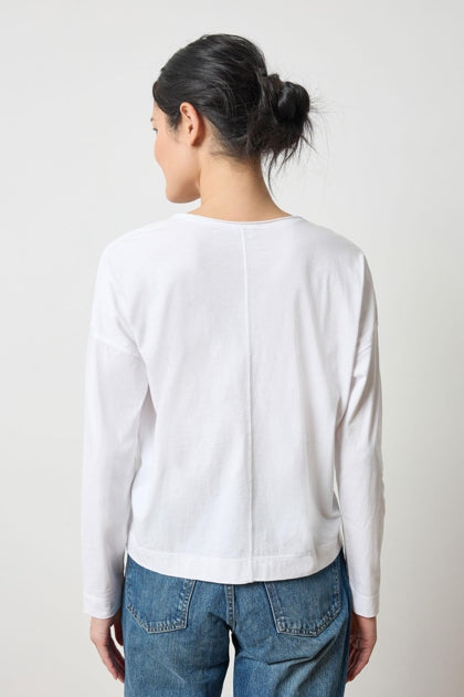 Long Sleeve Cut Edge V-Neck Tee in white by Lilla P