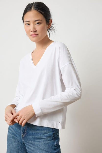 Long Sleeve Cut Edge V-Neck Tee in white by Lilla P