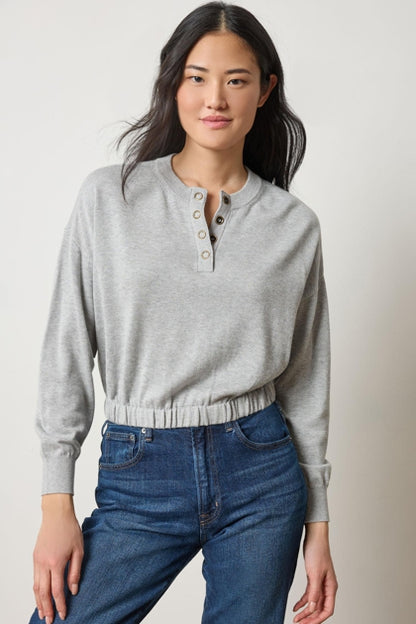 Elastic Waist Henley Sweater in heather grey by Lilla P