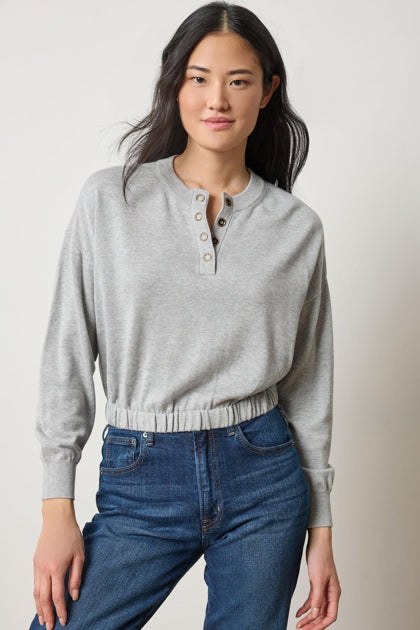 Elastic Waist Henley Sweater in heather grey by Lilla P