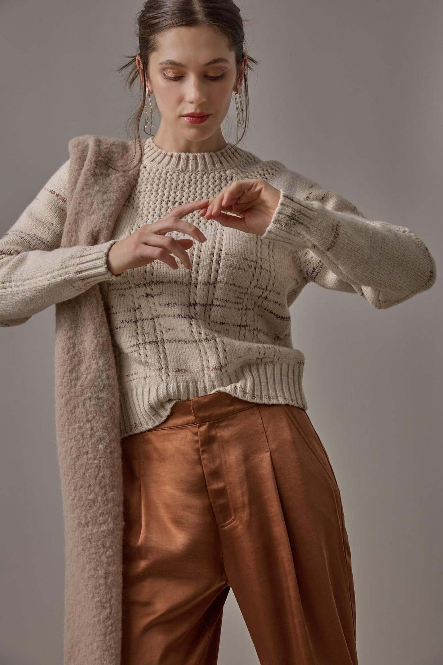 Open Stitch Crewneck Sweater in eggshell combo by Lilla P
