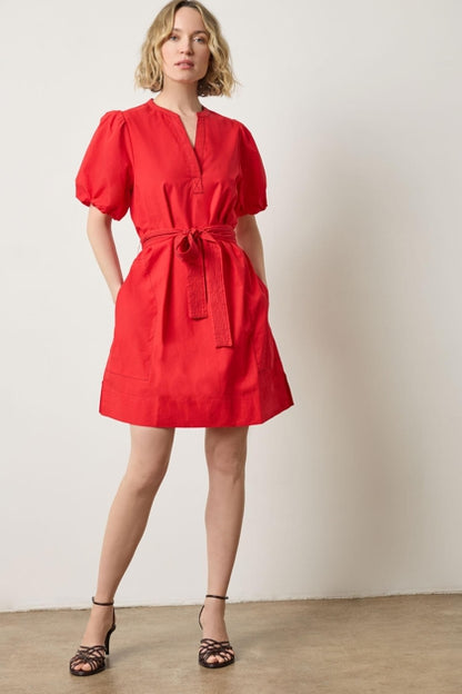 Shirred Sleeve Split Neck Dress in scarlet by Lilla P