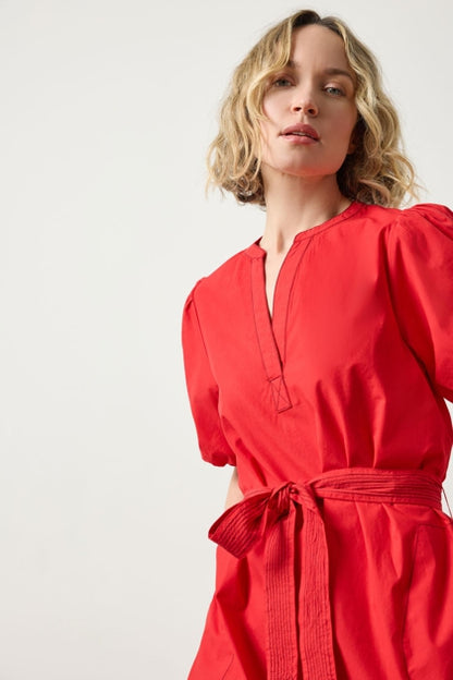 Shirred Sleeve Split Neck Dress in scarlet by Lilla P