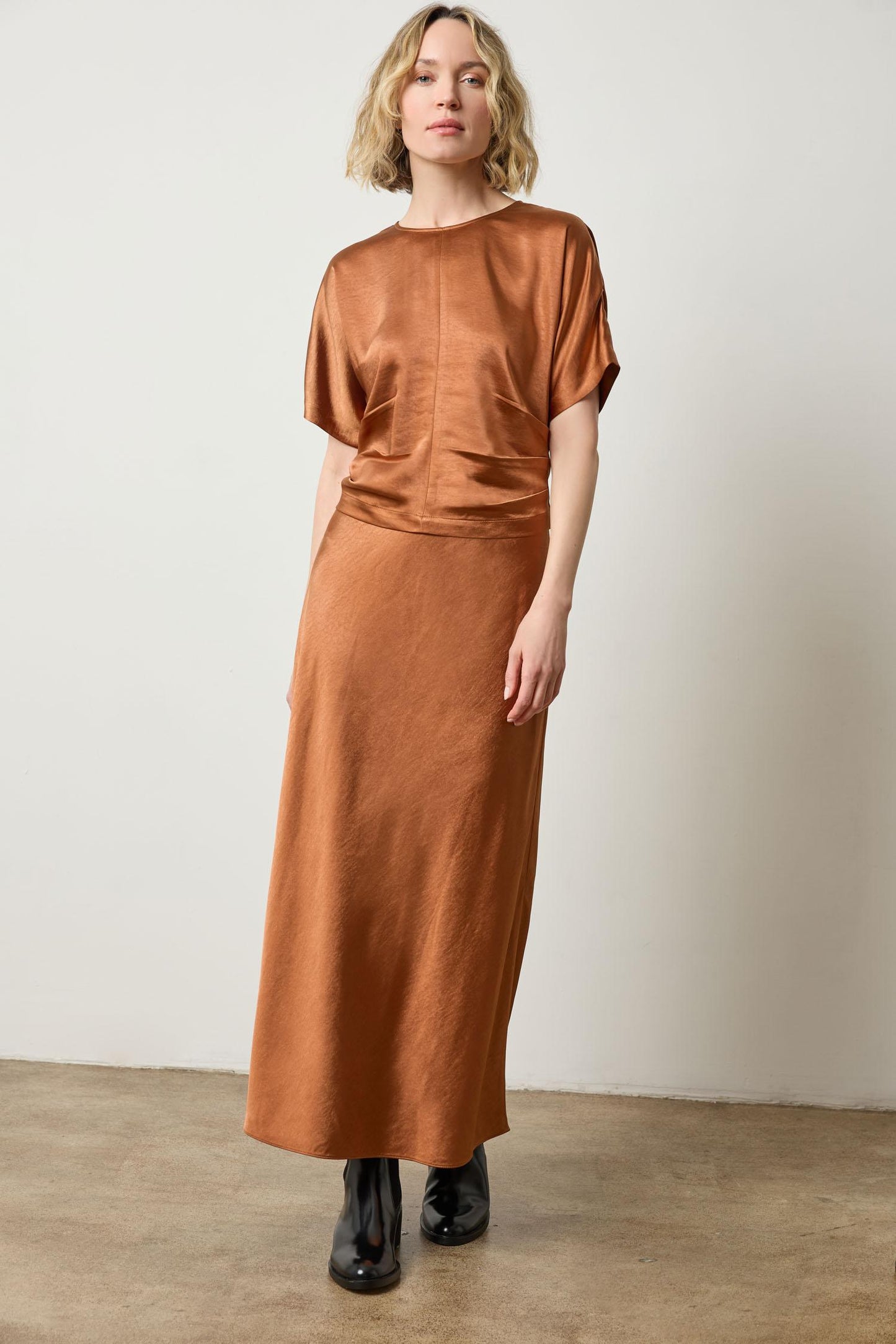 Satin Bias Maxi Skirt in copper by Lilla P