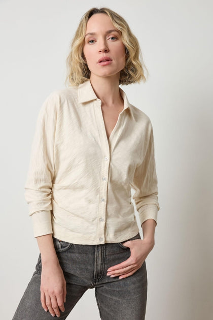 Side Pleat Button Down Tee in stone by Lilla P
